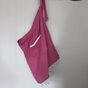 Handmade red gingham apron with eyelet lace trim